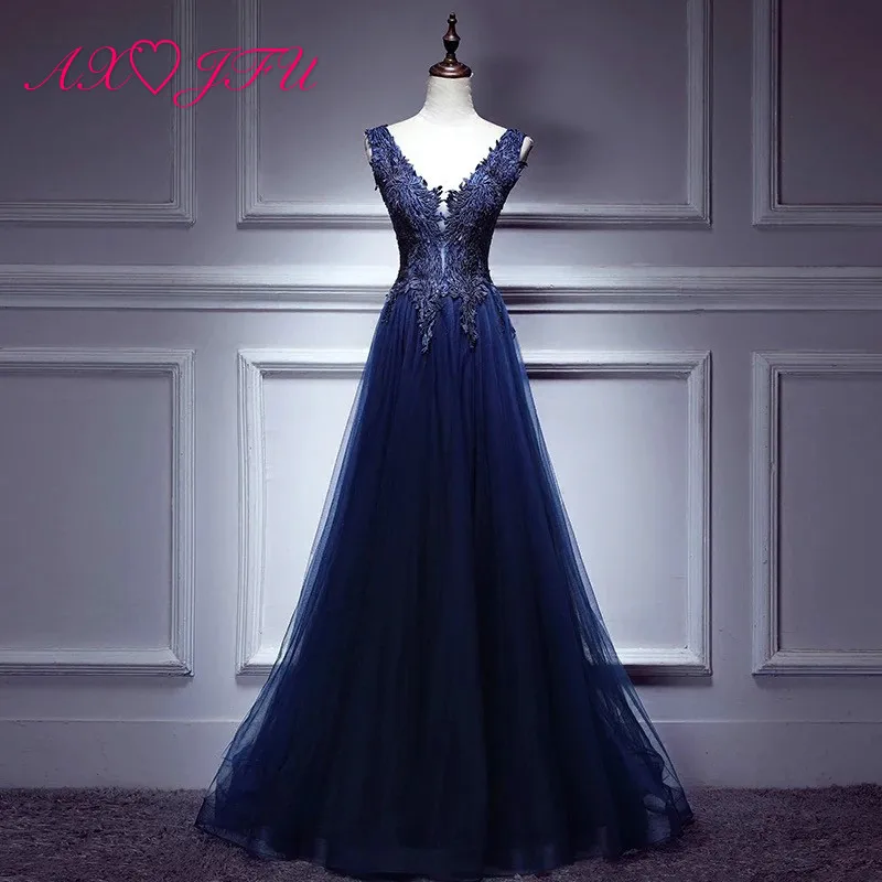 

AXJFU princess navy blue lace evening dress beading flower wine red v neck luxury evening dress turkey vintage evening dress