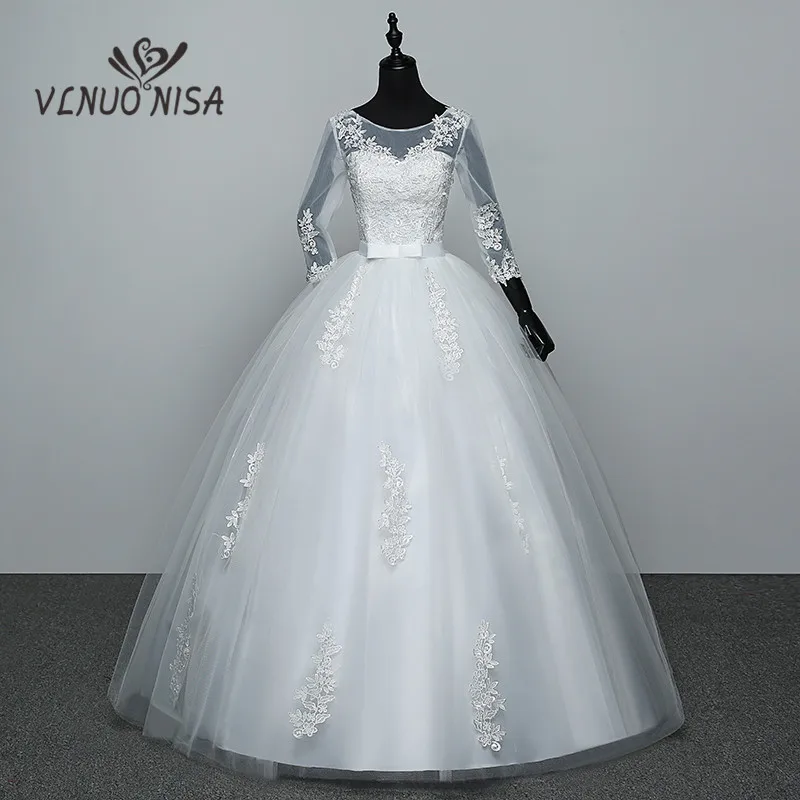 Модные Простые Кружевные Аппликации три четверти рукав Свадебные платья бальное платье de Mariee дешевые белые реальные фото на заказ