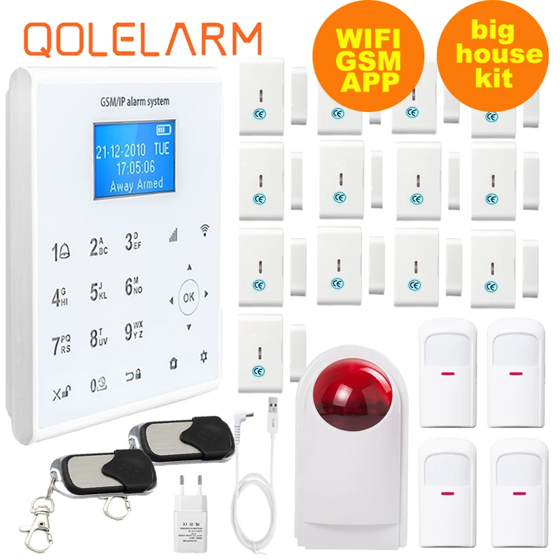 QOLELARM ЖК меню wifi GPRS GSM приложение 433 МГц беспроводная домашняя охранная сигнализация с Умной розеткой, датчик дыма, провод pir