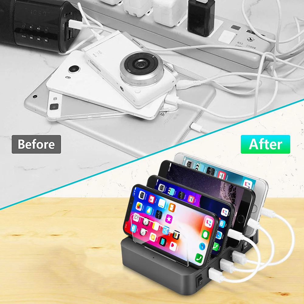 FDGAO QC3.0 USB حامل محطة شحن مع حامل 4 منافذ 2.4A متعددة وظيفة USB سريع شاحن للهاتف الذكي اللوحي العالمي FDGAO QC3.0 USB حامل محطة شحن مع حامل 4 منافذ 2.4A متعددة وظيفة USB سريع شاحن للهاتف الذكي اللوحي العالمي