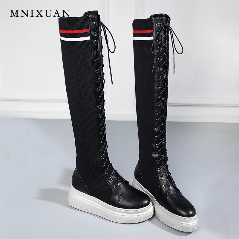 

MNIXUAN women shoes genuine leather ladies boots over the knee thigh high boots 2018 new flat platform lace up martin long boots