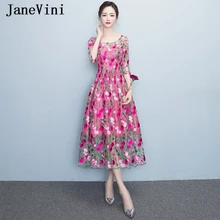 JaneVini Vintage fucsia Floral Prom Dresses bordado 2019 cuello redondo Vestidos De GalaTulle tobillo longitud Formal Vestidos De fiesta