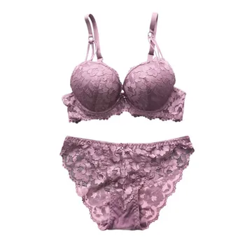 

Sexy lace embroidery flowers thin thick double shoulder strap bra set deep V-neck thickening women's push up underwear Y6