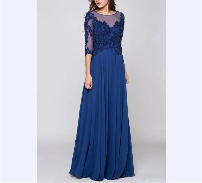 

Royal Blue Chiffon Lace Appliques 3/4 Sleeves Mother's Dress Long A-Line Mother Of The Bride Dress Vestidos Madre Novia