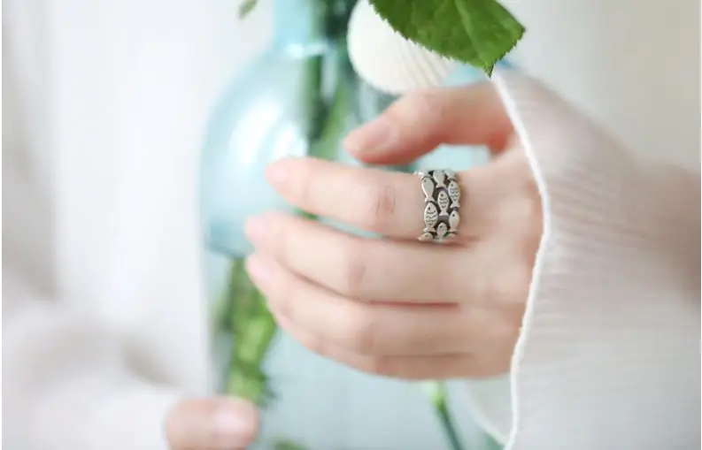 Индивидуальные Ретро винтажные 925 пробы серебряные кольца с рыбками для женщин Свадебные обручальные ювелирные изделия кольца для крупных пальцев Anillos