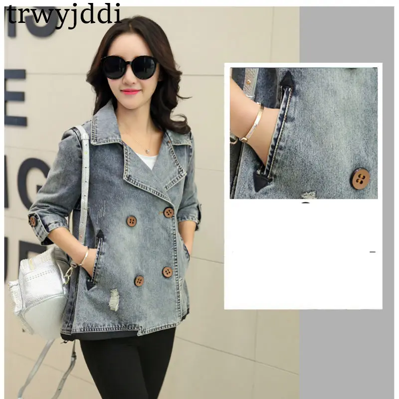 incredible  2019 Fashion Spring Jacket Coat Korean Loose Large Size Short Denim Jacket Female Double Breasted C