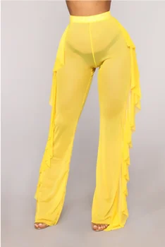 

Sexy Women Mesh Ruffles Sheer Wide Leg Pants Bikini Cover Up Summer Beach Solid Color Pants