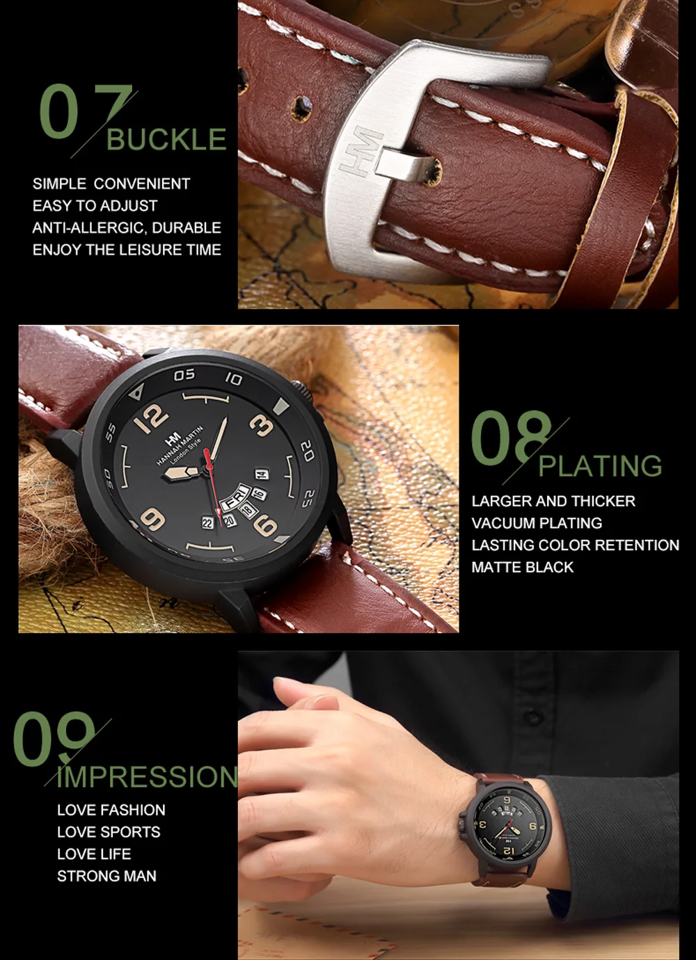 HM лучший бренд кварцевые аналоговые спортивные часы Искусственная кожа наручные часы с отметкой даты военные качества часы Повседневное