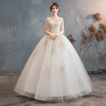 

Champagne Applliques Wedding Dress Elegant V Neck 1/2 Sleeve Bridal Dresses Vestido De Novia Princess Style Wedding Ball Gown
