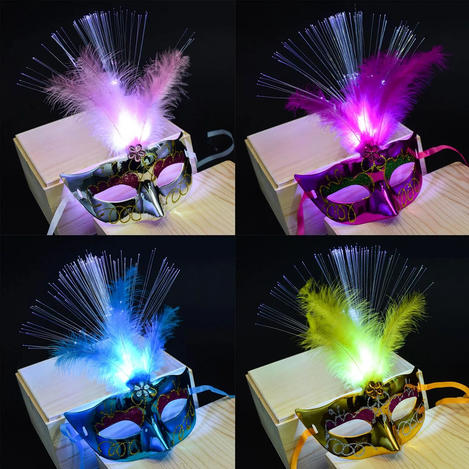 2pcs Women Venice Glowing Feather LED Masks Carnival Halloween