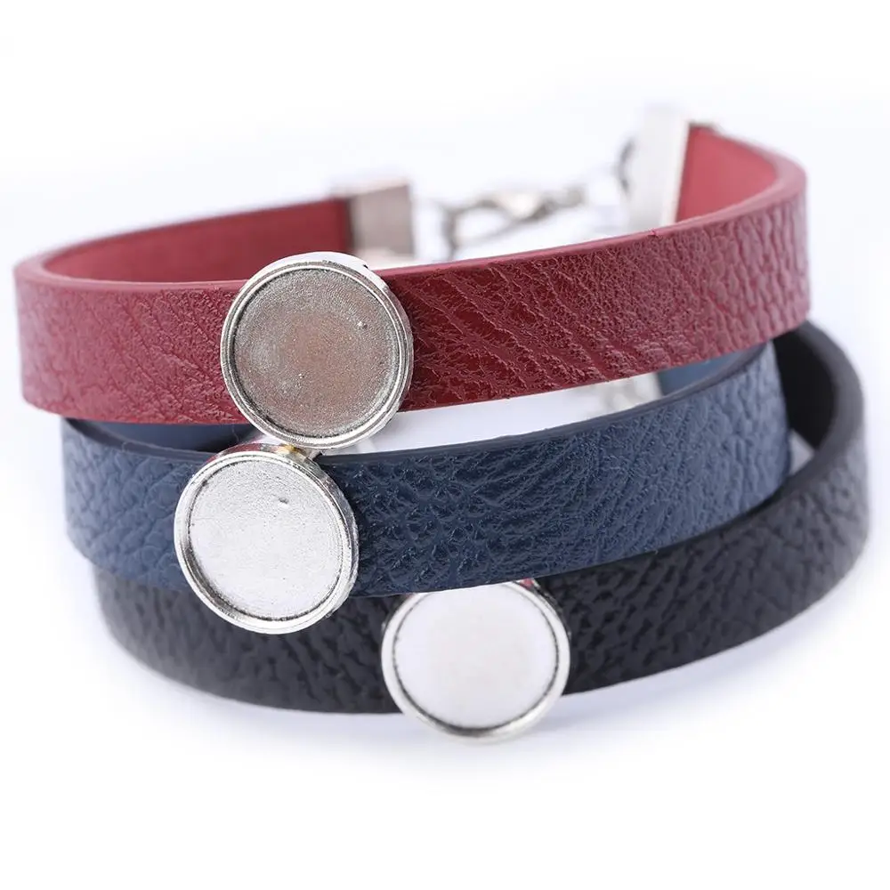 

2pcs Fit 12mm Glass Cabochon Bracelet Base PU Flat Leather bracelets setting Blanks diy jewelry making supplies