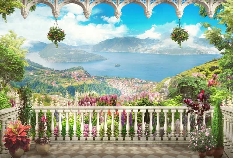 Laeacco Muntains Blue Sea View Balcony Flowers Arch ...