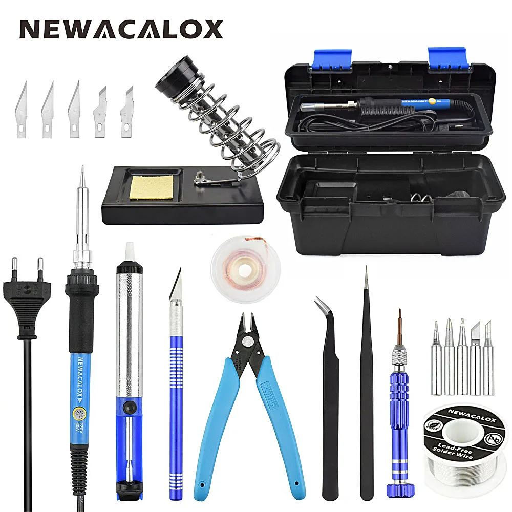 NEWACALOX EU 220V 60W Adjustable Temperature Electrical Soldering Iron Set Welding Solder
