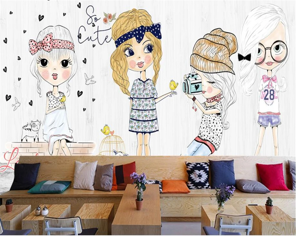 Custom Wallpaper Store Cartoon Background Mural 3d Papier Beibehang Fashion Hand Girl