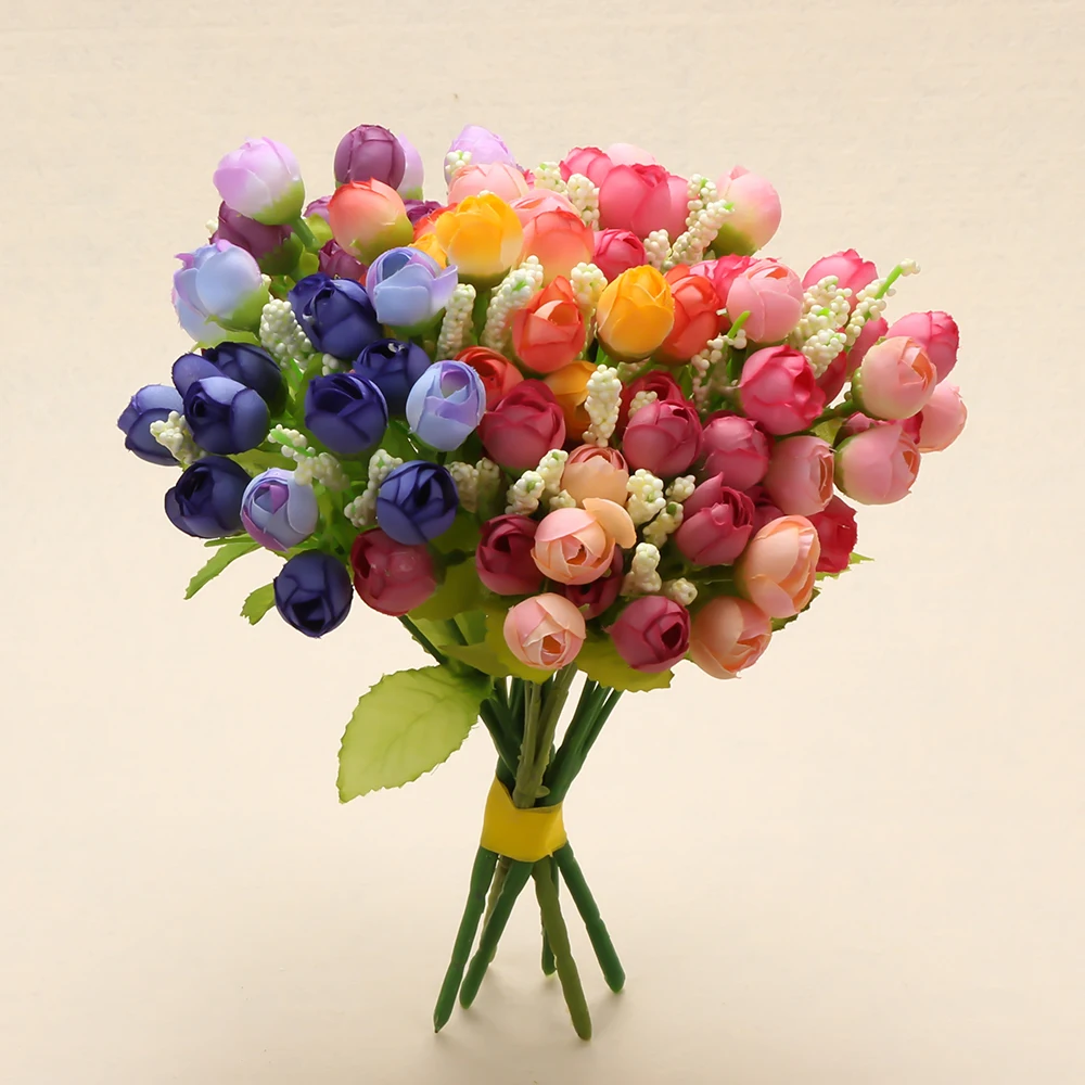 15 heads Mini Rose Colorful Silk Flowers Bulk Artificial Flower Home Decor For Wedding Birthday Decor Display Fake Flower
