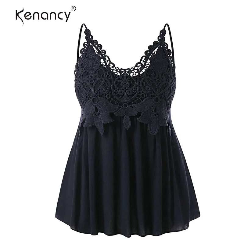 

Kenancy Plus Size Cutwork Embroidered Lace Trim Adjustable Strap Tank Top High Waist Crinkle Smocked Tank Top