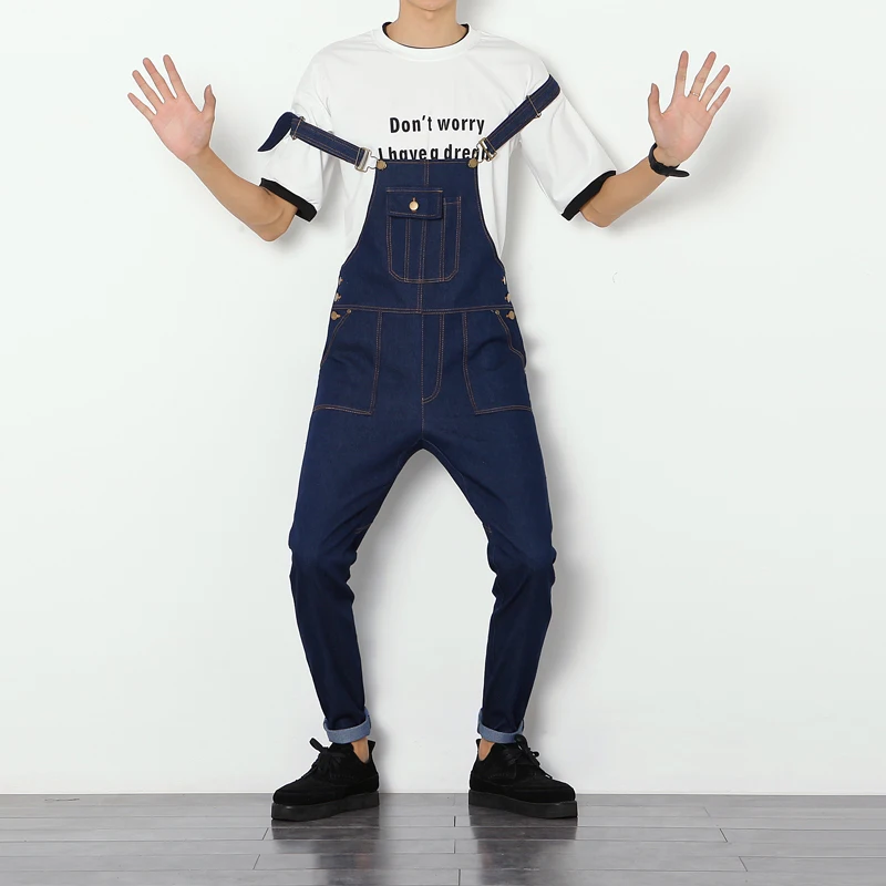2017 New Mens Bib Overalls Hiphop Baggy Braces Male Denim Jumpsuit