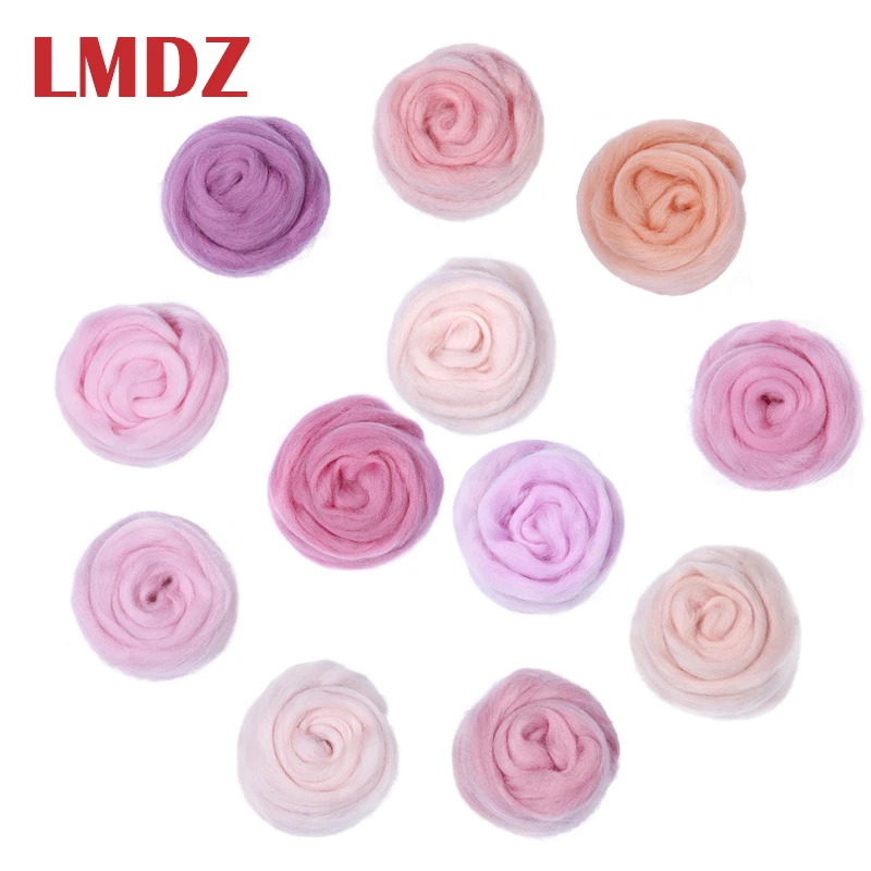 

LMDZ 12 Colors Pink Wool Fibre Roving For Needle Felting Hand Spinning DIY Fun Doll Needlework Raw Wool Felt poke 50g