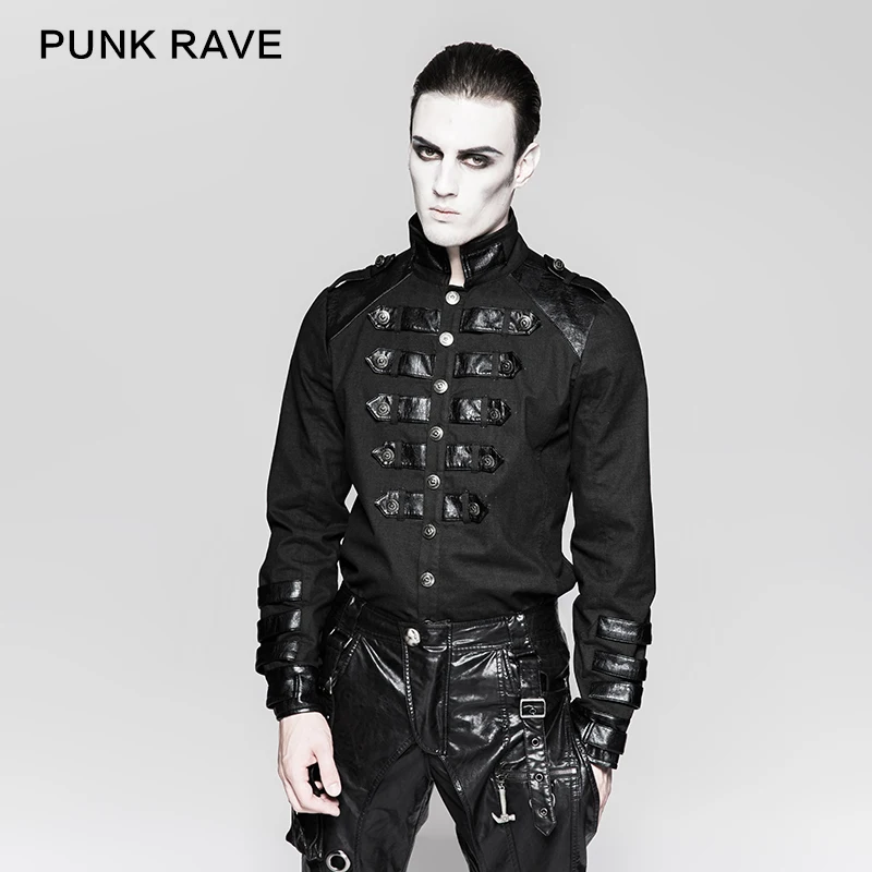 Punk Rave Black Pu Leather Button Military Uniform Fashion Stand-up Collar Long Sleeve Men's Shirt Y753