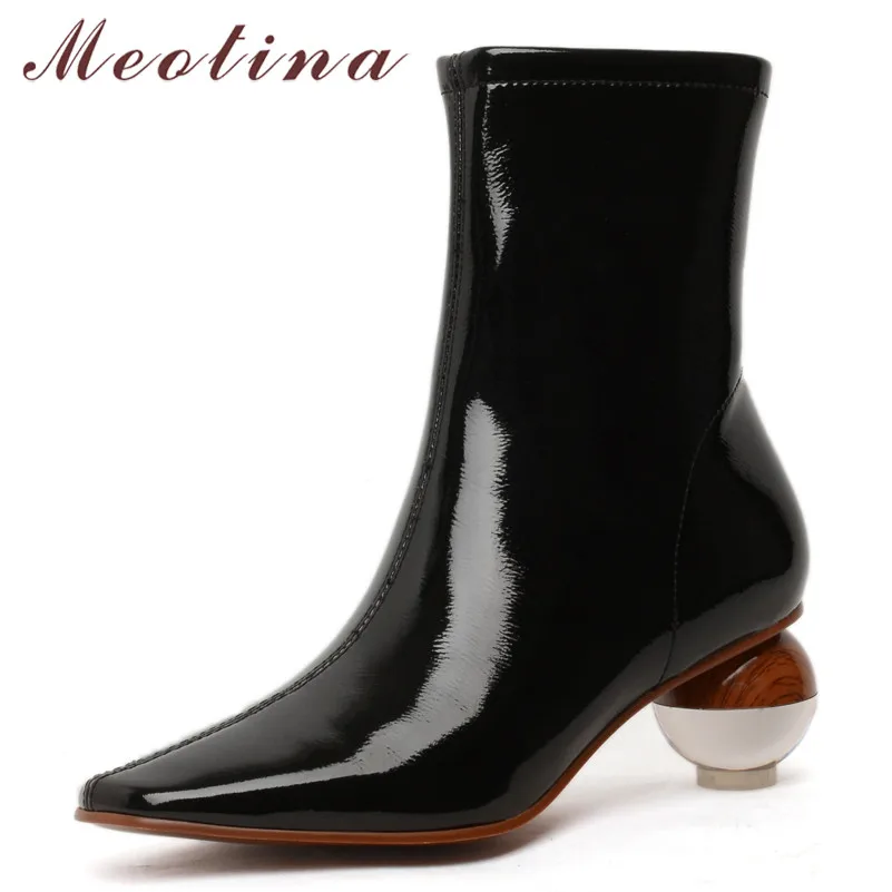 

Meotina Winter Ankle Boots Women Patent Leather Zip Strange Style Heel Short Boots Transparent Square Toe Shoes Lady Fall 34-43