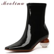 Meotina Winter Ankle Boots Women Patent Leather Zip Strange Style Heel Short Boots Transparent Square Toe Shoes Lady Fall 34-43 knsvvli new patchwork patent leather stretch boots woman squaer toe low heel martin boots strange style heel ankle boots women