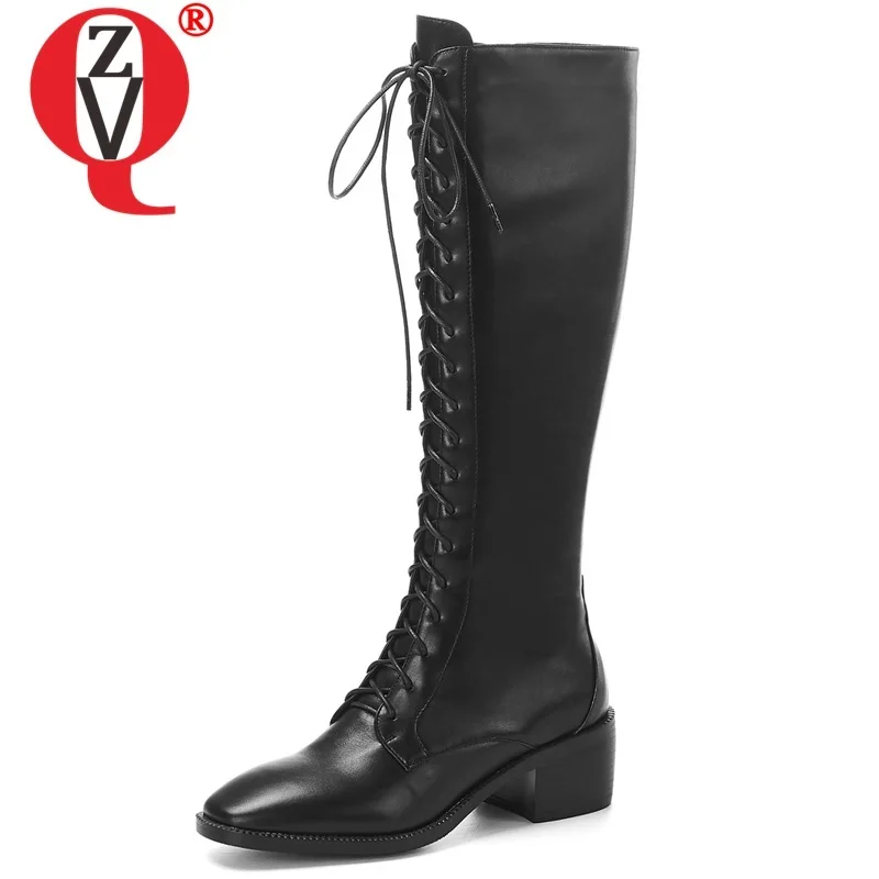 

ZVQ women shoes 2019 winter new concise warm knee high boots outside mid heels cross-tied zipper plus size shoes drop shipping