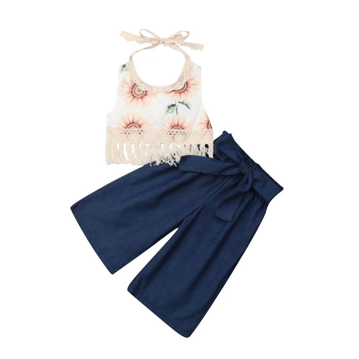 

New Sweet 2PCS Summer Infant Baby Girl Sunflower Clothes Kids Tassel Tops+Pants Outfit