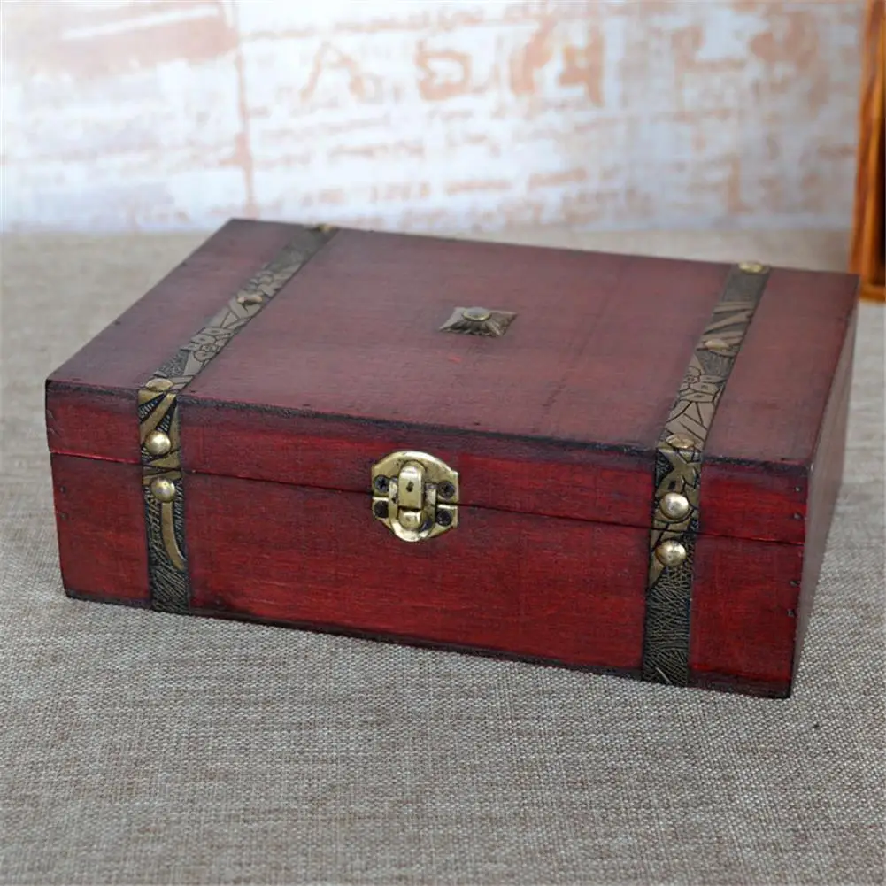

Stylish Vintage Metal Lock Decorative Trinket Jewelry Storage Box Handmade Classical Wooden Treasure Case Storage Box Organizer5
