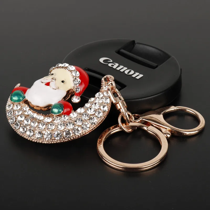 

HANCHANG Accessories Christmas Santa Claus with Moon Rhinestones Keychain Lobster Clasp Keyring Key Chain for Bags Xmas Gift