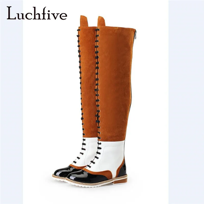

Kid suede sexy chains over the knee boots round toe lace up patchwork shoes woman low heels back zipper khaki boots women