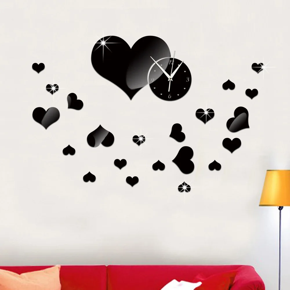 

3 d love clock sell like hot cakes Cartoon mirror mirror clock DIY creative fashion decorative wall clock quartz clock