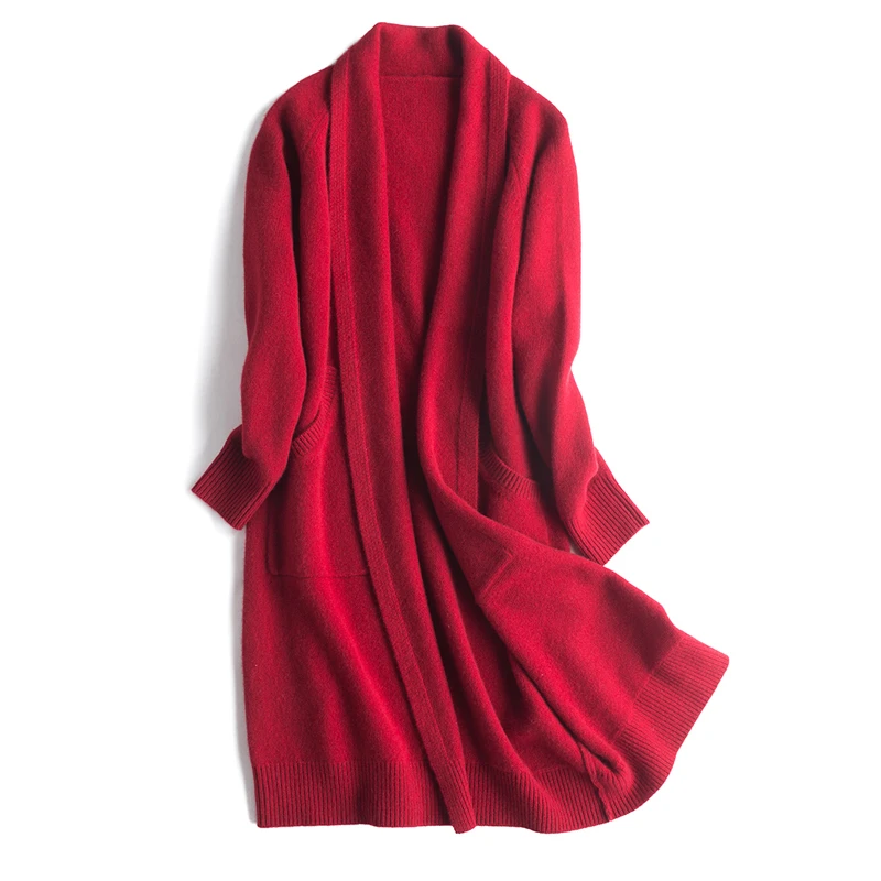  100%goat cashmere knit women fashion long cardigan sweater coat H-straight beige 6colors M/L/XL