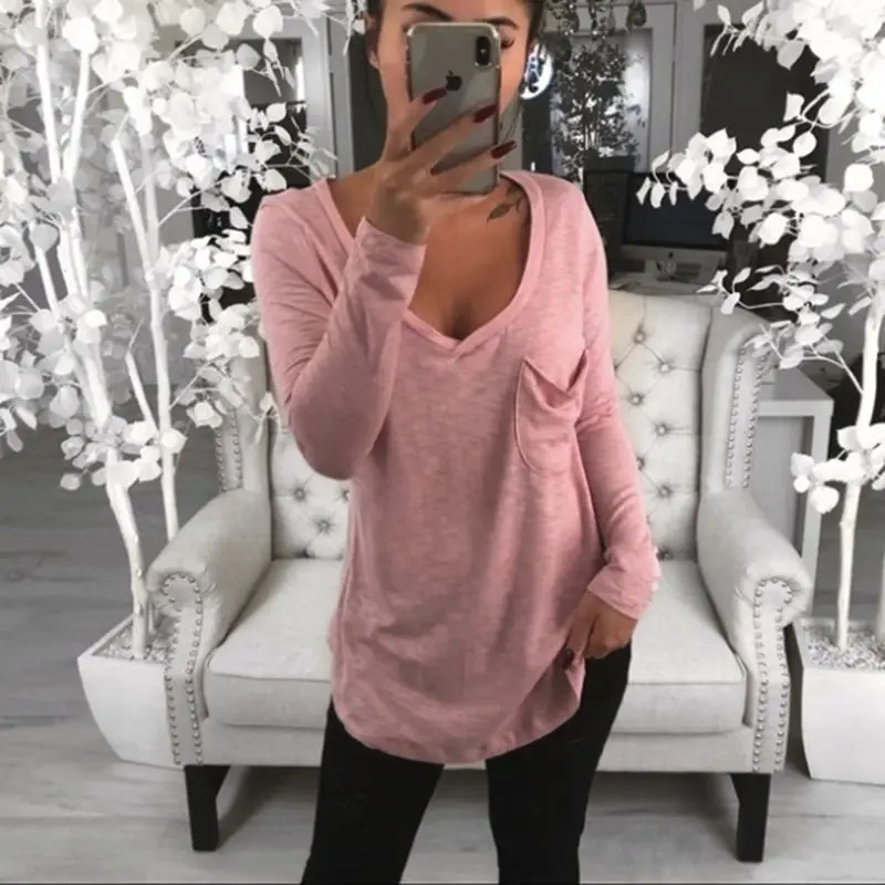 

LITTHING 2019 Women Basic Cotton T-Shirts Spring Long Sleeve V-Neck Casual Long Tops Tee Girls Sexy T-Shirt Plus Size Clothing