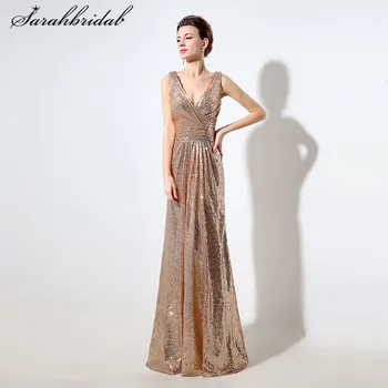 

Sexy Gold Long Evening Dresses A Line V Neck Zipper Back Sleeveless Prom Gowns Pleats Handmade Floor Length Sequined Hot SD326