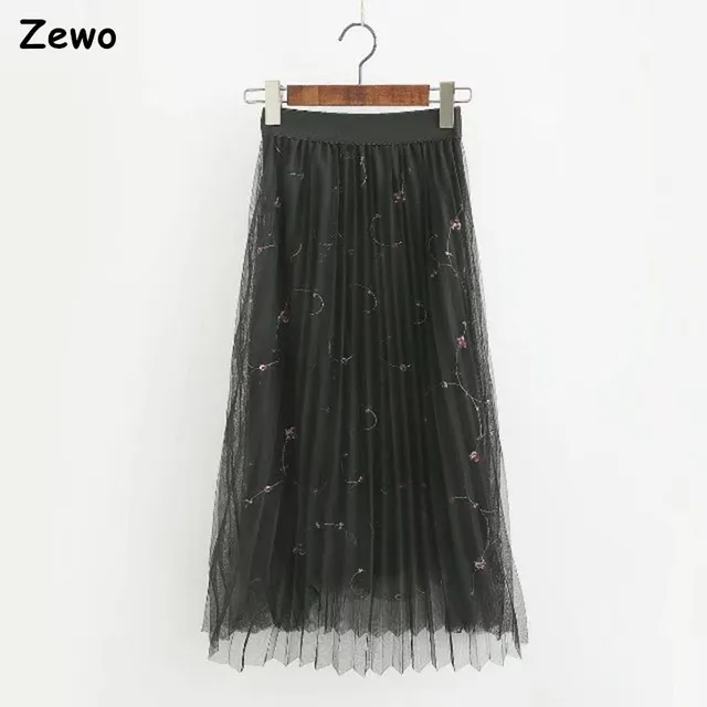 Zewo Women Pleated Skirt Fashion Casual Mid Calf Net Yarn Skirts Female