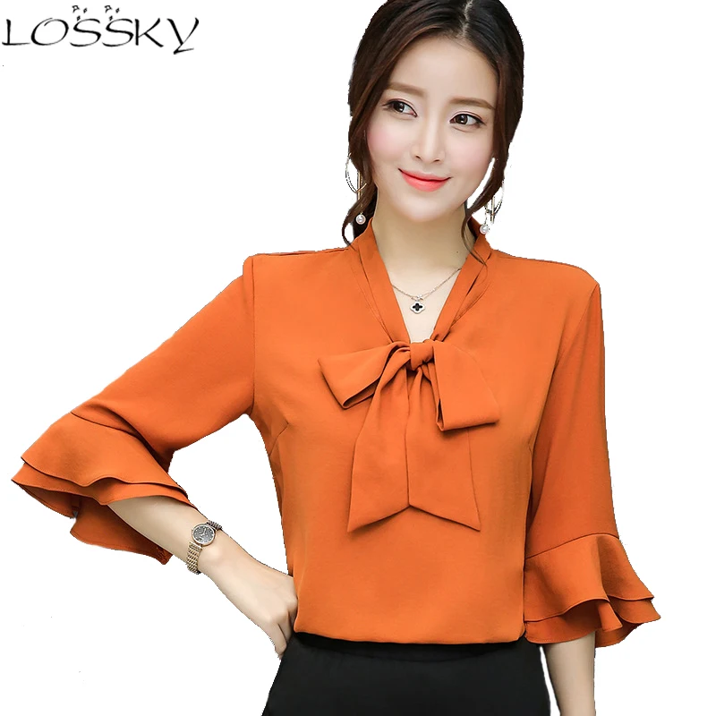 Vente Grande Cour Automne Femmes Tops Pétale Manches En Mousseline de Soie Blouses Occasionnel Plus Grande Taille Lâche Femelle T shirt Lâche De Mode Bureau Dames Tops