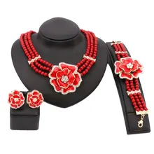 Fina Perla de Cristal Perlas Africanas Sistemas de La Joyería Nupcial de La Boda Del Partido Cena Esmalte Flor Colgante Collar Pulsera Pendientes Anillos
