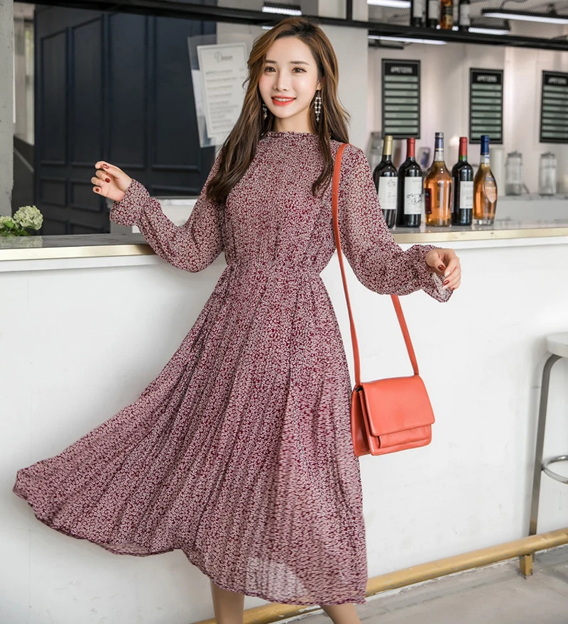 

2019 Autumn New Dress Elegant Stand Collar Print Women Dress Long Sleeve Elastic Slim Waist Chiffon Spring A-line Long Dress