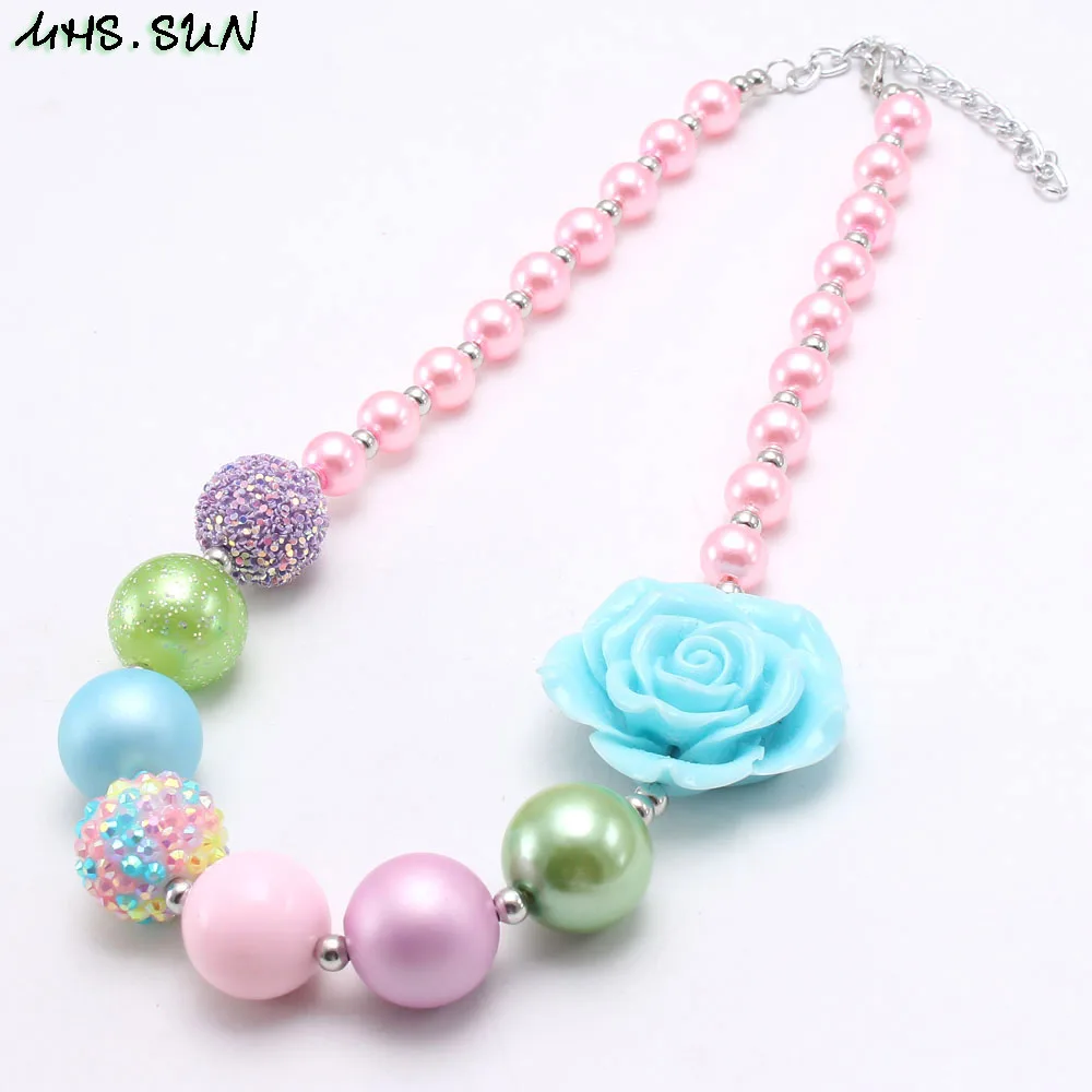 

MHS.SUN Cute Design Child Girls Beads Necklace Pink Flower Chunky Bubblegum Necklace Kids Baby Party Jewelry For Gift New Style