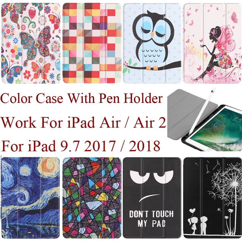 

Fashion Printing 3 Folds Stand Cover for iPad 9.7 2017 2018 Protector Soft Silicon Skin Case With Pen Slot Holder for iPad Air 2