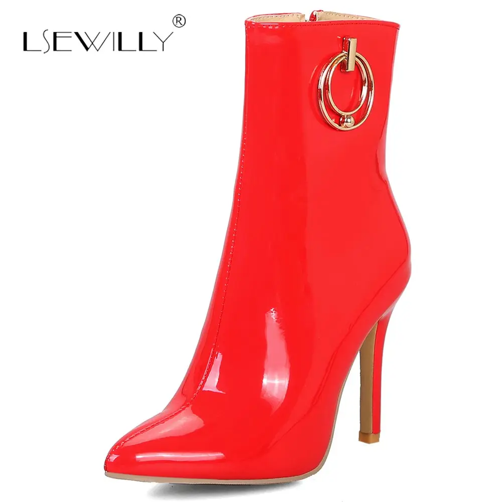 

Lsewilly Sexy Pointed Toe Black Women Boots Patent Leather Ankle Boots For Women Short Plush Martin Boots Shoes Women E52