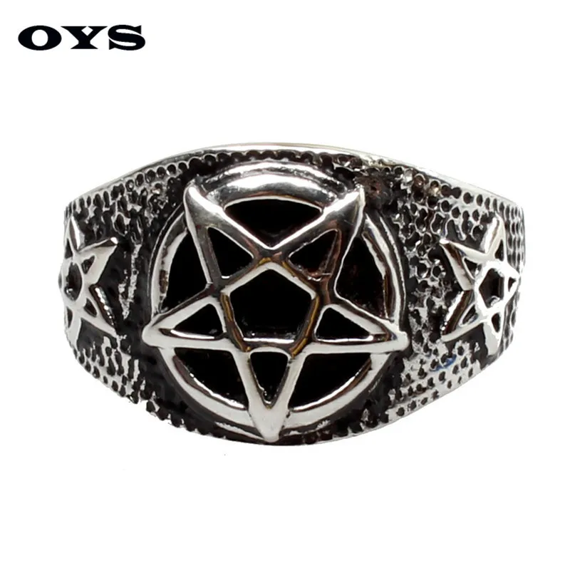 Mens Retro Personality Pentagram Satanism Five-Pointed Star Silver Tone 316L Stainless Steel Signet Ring Wholesale Jewelry