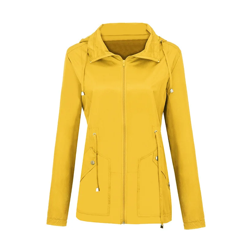 

Girls Autumn Yellow Jackets Windproof Hooded Slim Waist Women Sportswear Thin Women Casual Top Waterproof Coat Big Size 2xl 3xl