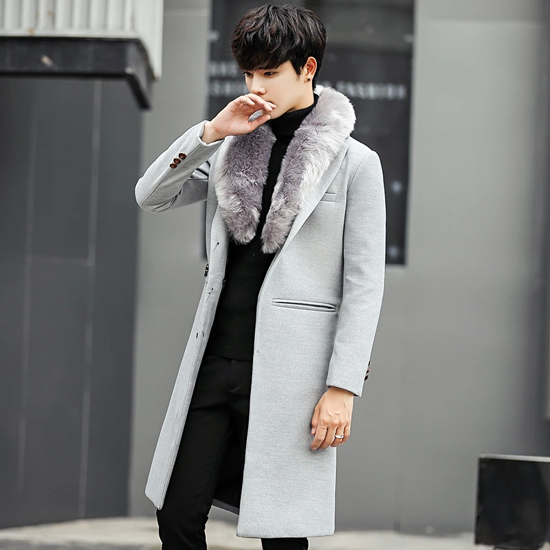 Серый Тренч, мужское длинное пальто 4XL, черное Мужское пальто с меховым воротником, мужские Длинные куртки, приталенные зимние пальто