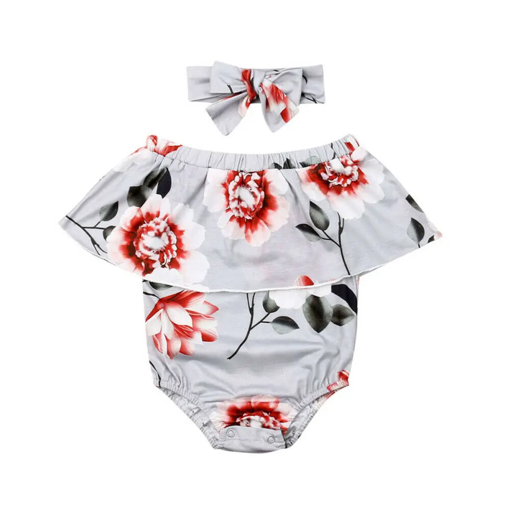 

Newborns Baby Girls Clothes Flower Off-Shoulder Short Sleeve Romper 2PCS Outfits Set