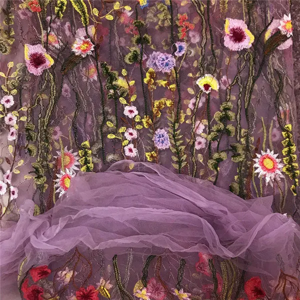 1 ярд вышитая кружевная ткань сетка 3D водная трава шифон, цветочная ткань для шитья одежды DIY аксессуары для одежды 91*130 см - Цвет: Net purple