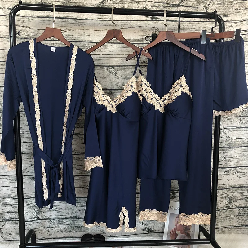 

Women Satin Sleepwear 5 Pieces Pyjamas Sexy Lace Pajamas Sleep Lounge Pijama Silk Night Home Clothing Pajama Suit Full Length