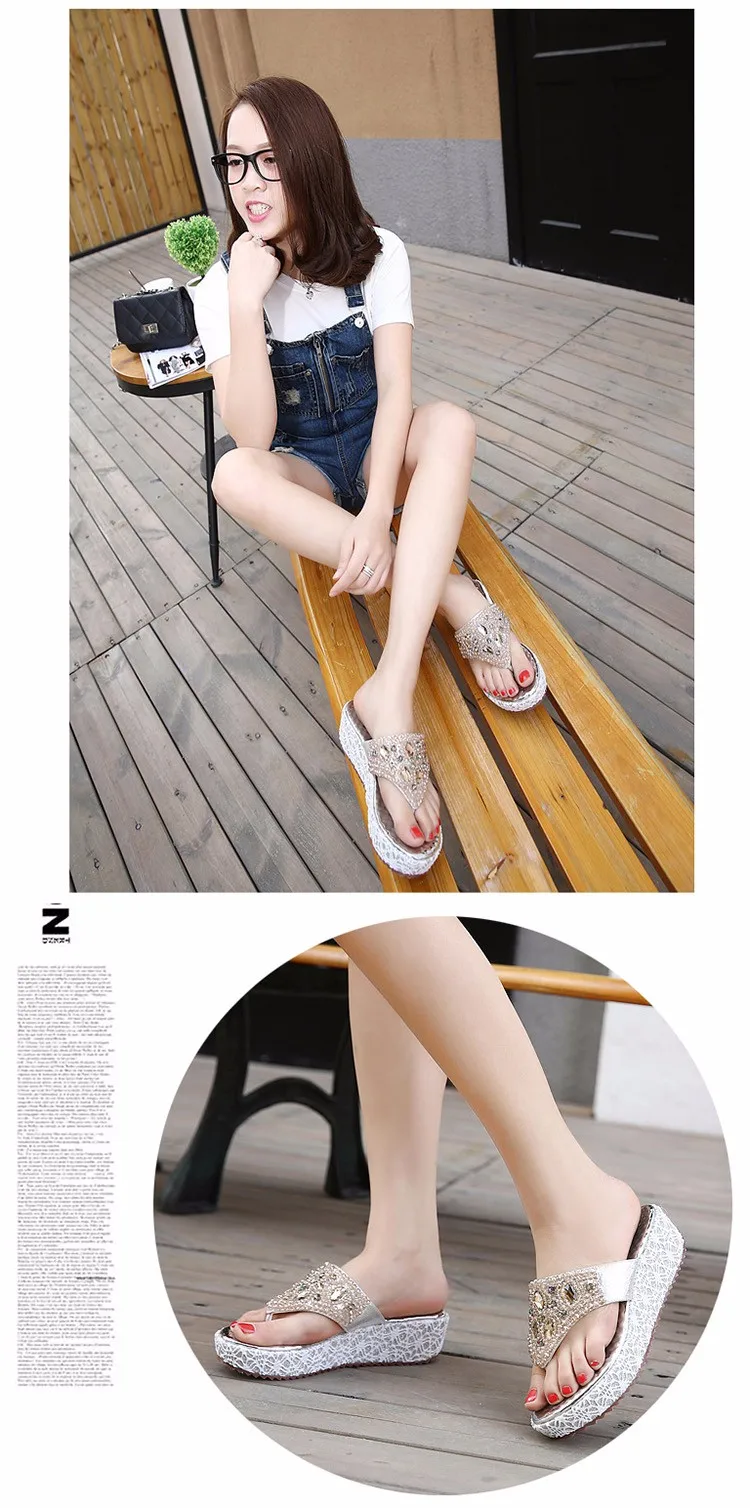 Мода летние туфли на танкетке Женские тапочки Стразы бренд Пляжные сланцы стильная женская обувь, мило, покрыто золотом, клиновидном каблуке, T171