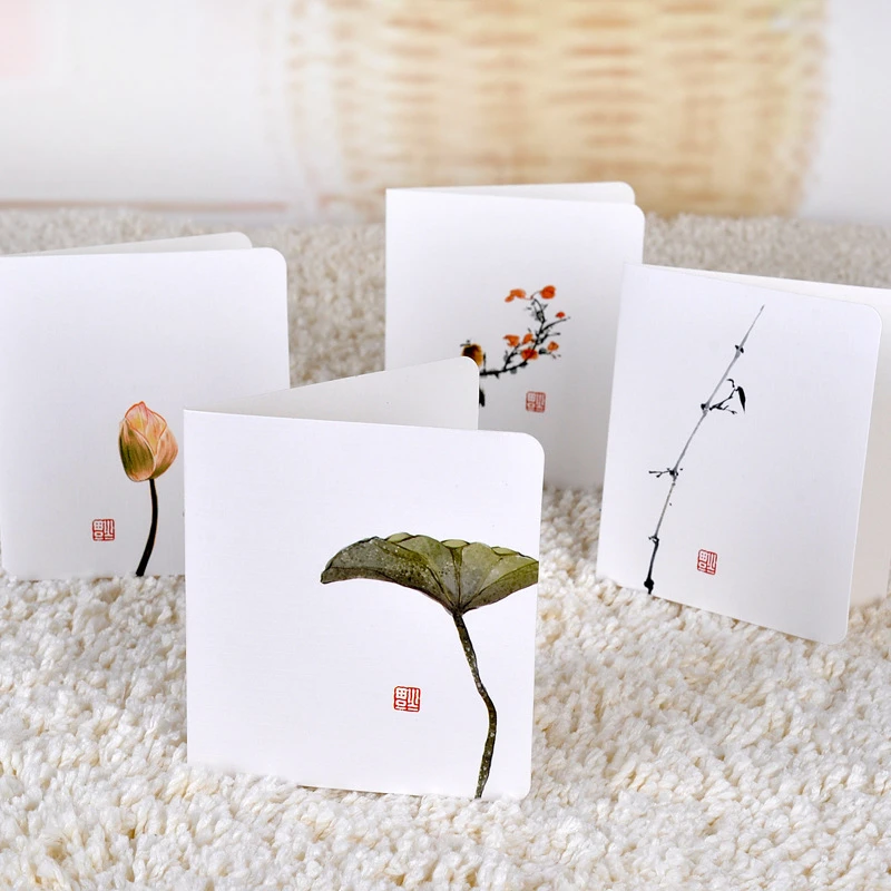 Chinese Plant Greeting Card Creative Classical Simple Message DIY Folding Valentine's Day Birthday New Year's Day 4pcs