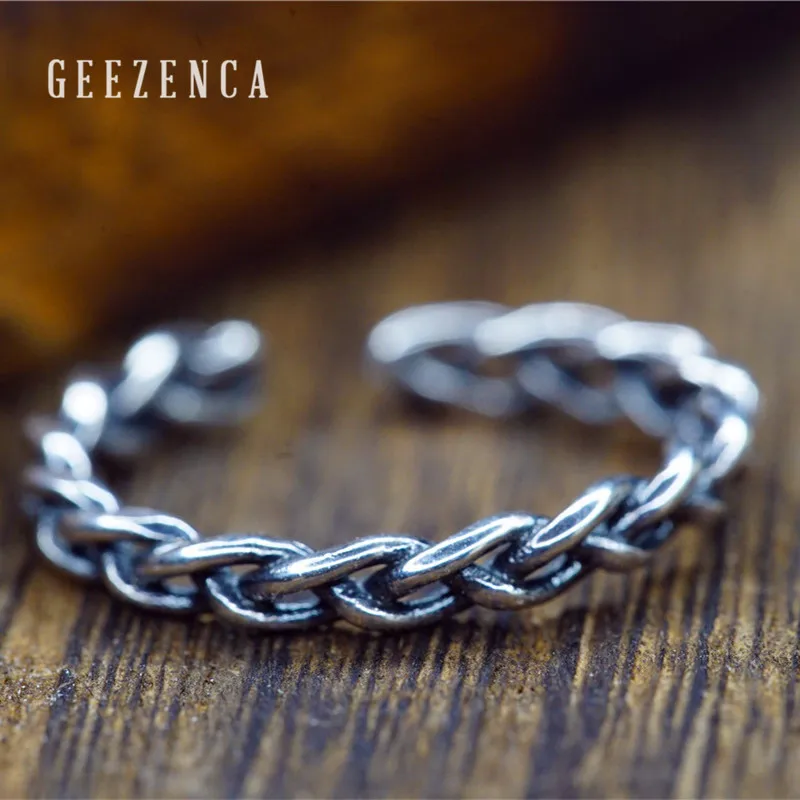 

GEEZENCA-925 Sterling Silver Handcrafted Thai Knitting Resizable Open Ring For Woman Stackable Vintage Fine Jewelry Gift Party